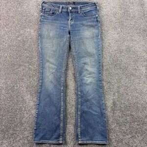 Silver Jeans Women's 31x33 Aiko Bootcut Whiskered Dark Wash Denim White Stitch